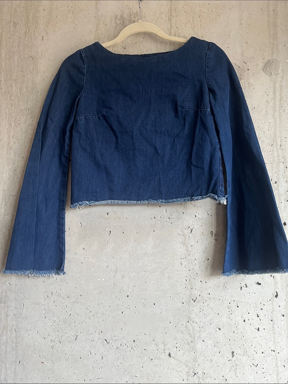 NICHOLAS Denim Crop Top Long Sleeve Raw Hem Blue XS